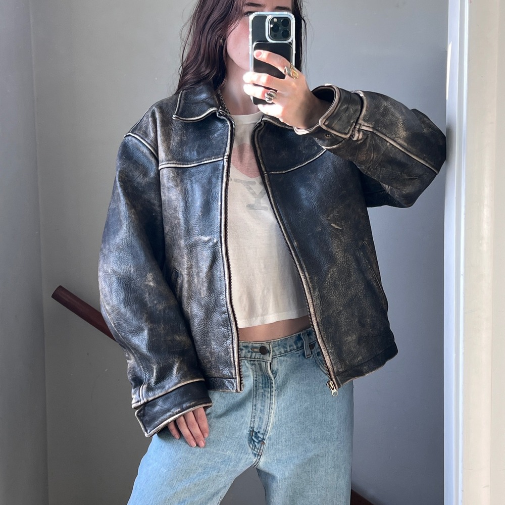 Vintage 90s J. Crew Leather Bomber Jacket Large Brown Worn Distressed Faded - Picture 10 of 12